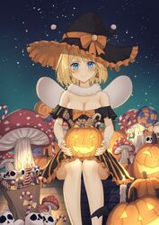  alternate_costume bag bat_wings blonde_hair blue_eyes blush bob_cut breasts candle candy cleavage dress earrings female food halloween hat highres hololive hololive_english jack-o&#039;-lantern jack-o&#039;-lantern_earrings jewelry kangbus lollipop looking_at_viewer mushroom night off-shoulder_dress off_shoulder paper_bag skull smile solo takodachi_(ninomae_ina&#039;nis) virtual_youtuber watson_amelia wings witch_hat 