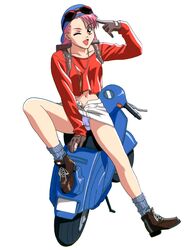  1990s_(style) asymmetrical_bangs backpack backwards_hat bag brown_eyes brown_footwear brown_gloves cropped_shirt female full_body gloves goggles goggles_on_head hat highres long_hair long_sleeves looking_at_viewer motor_vehicle navel non-web_source oda_miyuki official_art one_eye_closed open_clothes open_mouth open_skirt panties pencil_skirt retro_artstyle scooter simple_background skirt solo underwear whistle whistle_around_neck white_background white_panties yamada_masaki zenkoku_seifuku_bishoujo_grand_prix 