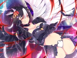  alternate_hair_color armor bikini_armor black_choker black_hair black_wings breasts choker cleavage feathers female flower hair_flower hair_ornament jewelry large_breasts linea_alba looking_at_viewer miyabi_(senran_kagura) multicolored_hair navel official_alternate_costume official_art red_eyes senran_kagura senran_kagura_new_link senran_kagura_shinovi_versus short_hair slit_pupils smile solo thighhighs third-party_source two-tone_hair white_hair white_wings wings yaegashi_nan 