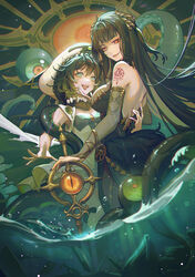  2girls al-azif_(masterwork_apocalypse) arm_tattoo armlet backless_dress backless_outfit black_dress black_hair bodystocking breasts chinese_commentary commentary dress eyeball fur_trim gold_trim green_eyes guan_tang_baozi hand_on_another&#039;s_back hand_on_another&#039;s_chin large_breasts long_hair looking_at_viewer masterwork_apocalypse monster multiple_girls open_mouth orange_eyes parted_lips r&#039;lyeh_(masterwork_apocalypse) short_hair small_breasts tattoo teeth tentacle upper_teeth_only very_long_hair water weapon white_dress 