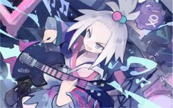  ab-ten bad_id bad_pixiv_id bass_guitar blue_eyes blush boots cymbals dress drum female forehead freckles hair_bobbles hair_ornament instrument koffing lightning_background music musical_note plectrum pokemon pokemon_(creature) pokemon_bw2 roxie_(pokemon) singing stage stereo strapless strapless_dress striped_clothes striped_dress topknot white_hair 