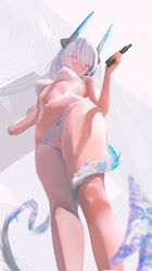  absurdres arknights bikini blush breasts commentary_request female gun hand_up highres holding holding_gun holding_weapon horns liskarm_(arknights) long_hair looking_at_viewer md5_mismatch navel orange_eyes photoshop_(medium) solo swimsuit tail tifg39 weapon white_bikini white_hair 