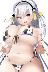  animal_print bad_id bad_pixiv_id bikini breasts chinese_zodiac cow_print cow_print_bikini female front-tie_bikini_top front-tie_top grey_hair hair_between_eyes hair_ornament highres hourei_tenten huge_breasts indie_virtual_youtuber long_hair looking_at_viewer maid_headdress mole mole_on_breast navel oerba_yun_fang open_mouth pink_eyes print_bikini side-tie_bikini_bottom simple_background smile solo swimsuit takimoto_yukari virtual_youtuber white_background white_bikini year_of_the_ox 