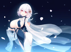  azur_lane braid breast_curtains breasts china_dress chinese_clothes dress falling_petals female from_side garter_straps gloves grey_dress half_gloves kazune_rain large_breasts looking_at_viewer official_alternate_costume open_mouth pelvic_curtain petals red_eyes revealing_clothes see-through short_hair side_braid simple_background sirius_(azur_lane) sirius_(azure_horizons)_(azur_lane) solo standing thighhighs white_garter_straps white_gloves white_hair white_thighhighs 