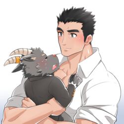  2boys bara black_hair collared_shirt creature crying formal furry furry_male goat_boy goat_horns grey_suit holding holding_creature horns male_focus multiple_boys muscular muscular_male pectoral_cleavage pectorals protagonist_3_(housamo) salomon_(housamo) shirt short_hair sideburns smile suit tears thick_eyebrows tokyo_afterschool_summoners whaledragon white_background 