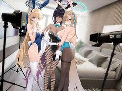  3girls animal_ears asuna_(blue_archive) asuna_(bunny)_(blue_archive) asymmetrical_bangs black_hair black_leotard blonde_hair blue_archive blue_eyes blue_leotard bow bowtie breasts cirilla_lin dark-skinned_female dark_skin detached_collar earpiece fake_animal_ears fake_tail fishnet_pantyhose fishnets gloves hair_over_one_eye halo highleg highleg_leotard highres karin_(blue_archive) karin_(bunny)_(blue_archive) large_breasts leotard long_bangs long_hair looking_at_viewer medium_breasts multiple_girls official_alternate_costume pantyhose playboy_bunny rabbit_ears rabbit_tail sideboob smile strapless strapless_leotard tail thighband_pantyhose thighhighs toki_(blue_archive) toki_(bunny)_(blue_archive) very_long_hair white_gloves white_thighhighs white_wrist_cuffs wrist_cuffs yellow_eyes 