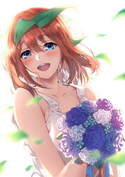  :d blue_eyes blue_flower blue_rose blurry blurry_foreground bouquet bow brown_hair collarbone commentary_request dress female floating_hair flower go-toubun_no_hanayome green_ribbons hair_between_eyes hair_ribbon highres holding holding_bouquet kagari_liroi long_hair looking_at_viewer nakano_yotsuba open_mouth purple_flower purple_rose ribbon rose sleeveless sleeveless_dress smile solo sundress white_background white_bow white_dress white_flower white_rose 