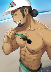  1boy abs alternate_pectoral_size bara baseball_cap beach clenched_teeth commentary commission dark-skinned_male dark_skin day facial_hair green_male_swimwear groin hair_bun hand_up hat holding holding_removed_eyewear kashi_kosugi kukui_(pokemon) large_pectorals male_focus male_swimwear muscular muscular_male navel nipples outdoors pectorals pokemon pokemon_sm shorts signature single_hair_bun sky smile solo stomach teeth topless_male unworn_eyewear white_hat white_male_swimwear 