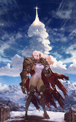  armor blonde_hair blue_eyes bodysuit breasts cloud cloudy_sky commentary eyepatch female highres instant_ip long_hair medium_breasts mountain parted_lips photoshop_(medium) sky solo thick_thighs thighs very_long_hair 