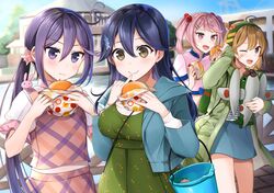  4girls aircraft airplane akebono_(kancolle) alternate_costume bandaid bandaid_on_face bell blue_jacket blue_skirt blue_sky brown_eyes brown_hair bucket burger casual commentary_request cowboy_shot day dress eating flower food green_dress green_hairband hair_bell hair_bobbles hair_flower hair_ornament hairband highres hood hooded_jacket hoodie jacket jingle_bell kantai_collection long_hair multiple_girls oboro_(kancolle) outdoors pink_dress pink_eyes pink_hair plaid plaid_dress purple_eyes purple_hair rabbit_on_shoulder sazanami_(kancolle) short_hair side_ponytail skirt sky striped_clothes striped_skirt stuffed_toy twintails ushio_(kancolle) very_long_hair yunamaro 