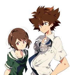  1boy brother_and_sister brown_eyes brown_hair chokota closed_mouth commentary_request digimon digimon_adventure digimon_adventure_tri. female hair_ornament hairclip looking_at_viewer school_uniform short_hair siblings simple_background skirt smile white_background yagami_hikari yagami_taichi 