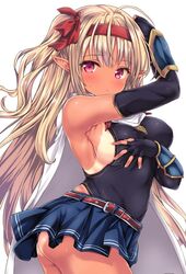  arm_up armpits ass bad_id bad_twitter_id belt black_gloves black_leotard blonde_hair blue_skirt blush breasts cape commentary elbow_gloves elf female fingerless_gloves from_side gloves headband large_breasts leotard long_hair looking_at_viewer microskirt nijimoto_hirok original pink_eyes pointy_ears red_belt sideboob skirt sleeveless solo tan tanlines thighs very_long_hair 