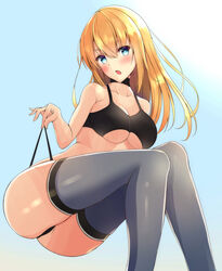  alternate_costume bikini bismarck_(kancolle) black_bikini blonde_hair blue_eyes blush breasts commentary_request female gradient_background grey_thighhighs hair_between_eyes highres kantai_collection large_breasts long_hair looking_at_viewer open_mouth solo swimsuit thighhighs toyomi_13 