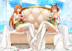  2girls absurdres armlet bad_id bad_pixiv_id blush bouquet breasts bridal_veil brown_hair commentary_request crossed_legs crossover dress feet flower full_body girls&#039;_frontline green_eyes hair_between_eyes hair_ribbon hair_rings headgear heart heart_necklace highres holding holding_bouquet jai_(whany1998) jewelry kantai_collection large_breasts legs legs_together light_particles long_hair looking_at_viewer multiple_girls mutsu_(kancolle) necklace no_shoes off-shoulder_dress off_shoulder open_mouth petals pink_flower pink_rose red_flower red_rose ribbon rose short_hair sidelocks sitting smile springfield_(girls&#039;_frontline) thighhighs veil wedding_dress white_thighhighs yellow_flower yellow_rose 