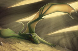  2019 absurd_res black_horn claws den detailed_background digital_media_(artwork) dragon european_mythology feral green_body green_eyes green_scales hi_res horn keltaan looking_at_viewer lying male membrane_(anatomy) membranous_wings mythological_creature mythological_scalie mythology on_side scales scalie solo spines tail western_dragon wings 