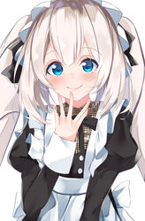  alternate_costume apron black_bow black_dress black_ribbon blue_eyes blush bow brown_shirt closed_mouth commentary_request dress enmaided fate/grand_order fate_(series) female grey_hair hair_between_eyes hair_ribbon hand_up highres juliet_sleeves long_hair long_sleeves maid marie_antoinette_(animejapan_2016)_(fate) marie_antoinette_(fate) official_alternate_costume plaid plaid_shirt puffy_sleeves ribbon shirt simple_background smile solo suisen-21 twintails upper_body very_long_hair white_apron white_background 