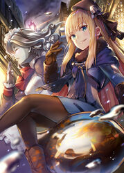  2girls apron beret black_ribbon blonde_hair blue_dress blue_eyes blue_sky boots bow brown_footwear brown_gloves brown_headwear brown_legwear building closed_eyes closed_mouth colored_skin command_spell commentary_request dress fate/grand_order fate_(series) flower frilled_apron frills fringe_trim fur-trimmed_sleeves fur_trim gloves golem grey_flower grey_rose grey_skin grin hair_flower hair_ornament hair_ribbon hat highres lamppost long_hair long_sleeves lord_el-melloi_ii_case_files maid maid_headdress multiple_girls night night_sky outdoors pantyhose red_bow reflection reines_el-melloi_archisorte renka_(renkas) ribbon rose sitting sky sleeves_past_wrists smile smoke tilted_headwear trimmau_(fate) very_long_hair white_apron 