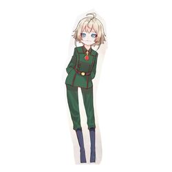  ahoge belt blonde_hair blue_eyes bongnom commentary_request female full_body looking_at_viewer military military_uniform simple_background solo tanya_degurechaff uniform white_background youjo_senki 