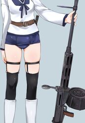  aohashi_ame arm_at_side ass_visible_through_thighs belt black_thighhighs blue_background blue_ribbon blue_sailor_collar boots brown_belt commentary_request drum_magazine feet_out_of_frame female flip-up_sight garter_straps gun head_out_of_frame holding holding_gun holding_weapon knee_boots long_sleeves machine_gun magazine_(weapon) neck_ribbon no_pants original ribbon sailor_collar school_swimsuit school_uniform serafuku serasuku simple_background skindentation solo swimsuit swimsuit_under_clothes thighhighs thighs type_99_cannon weapon white_footwear white_serafuku world_witches_series 