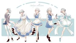  5girls apron arms_behind_back bad_id bad_pixiv_id bare_legs black_footwear black_legwear black_necktie black_ribbon blue_dress blue_eyes blue_footwear blue_skirt blue_vest blush boots bow braid breasts character_name closed_eyes commentary curtsey dress facing_viewer frilled_apron frilled_sleeves frills full_body grey_hair grey_shirt hairbow hand_up hat hat_ribbon high_heel_boots high_heels highres izayoi_sakuya juliet_sleeves kneehighs leg_up long_sleeves looking_at_viewer looking_up maid maid_apron maid_day maid_headdress mary_janes medium_breasts mob_cap multiple_girls multiple_persona neck_ribbon necktie one_eye_closed petticoat profile puffy_sleeves ribbon shirt shoes short_dress short_hair signature simple_background single_kneehigh single_shoe single_sock skirt skirt_hold skirt_set small_breasts smile socks souta_(karasu_no_ouchi) standing swept_bangs thighhighs touhou twin_braids vest waist_apron white_apron white_background white_bow white_headwear white_legwear white_shirt wide_sleeves zettai_ryouiki 