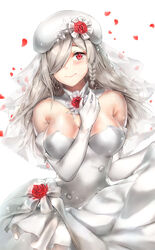  absurdres bad_id bad_pixiv_id bare_shoulders beret blush braid breasts bridal_veil bride cheosnuni cleavage closed_mouth commentary_request detached_collar dress elbow_gloves female g36c_(girls&#039;_frontline) g36c_(you_who_steps_up)_(girls&#039;_frontline) girls&#039;_frontline gloves grey_hair hair_over_one_eye hat highres large_breasts long_hair looking_at_viewer official_alternate_costume red_eyes side_braid skirt_hold smile solo tearing_up veil very_long_hair wedding_dress white_dress 