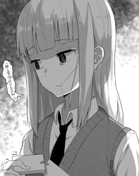  bags_under_eyes blunt_bangs cardigan_vest collared_shirt commentary empty_eyes female flash_cards greyscale hair_in_own_mouth highres holding katou_asuka kotobuki_(stealth_sendan) long_hair looking_away loose_hair_strand monochrome necktie school_uniform shaded_face shadow shaking shirt solo speech_bubble sweater_vest translated trembling uniform upper_body watashi_ga_motenai_no_wa_dou_kangaetemo_omaera_ga_warui! yandere 