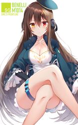  blue_jacket blush breasts brown_eyes brown_hair character_name closed_mouth commentary_request crossed_legs female girls&#039;_frontline hair_between_eyes hair_ornament headphones heterochromia highres italian_flag italy jacket kinona large_breasts long_hair looking_at_viewer m1014_(girls&#039;_frontline) open_clothes open_jacket red_eyes sidelocks sitting skirt solo thigh_strap very_long_hair wide_sleeves x_hair_ornament yellow_eyes 