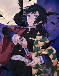  1boy bad_id bad_pixiv_id belt bird black_hair blue_eyes crow demon_slayer_uniform feathers fighting_stance full_moon haori highres holding holding_sword holding_weapon japanese_clothes kanzaburou_(kimetsu_no_yaiba) kaori_(xnp0715) katana kimetsu_no_yaiba long_hair looking_at_viewer low_ponytail male_focus moon night ponytail ready_to_draw solo sword tomioka_giyuu uniform upper_body weapon wide_sleeves 