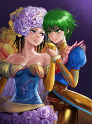  2girls absurdres asellus_(saga_frontier) bare_shoulders blush breasts brown_hair cleavage closed_mouth commentary_request curly_hair dress flower green_eyes green_hair hair_flower hair_ornament headdress highres lipstick long_hair makeup medium_breasts multiple_girls princess_white_rose purple_eyes rose saga saga_frontier short_hair strapless strapless_dress takuya_sato white_flower white_rose 