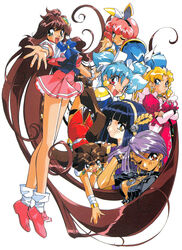  1990s_(style) 6+girls absurdly_long_hair animal_ears aqua_eyes black_hair blonde_hair blowing_kiss blue_eyes blue_hair blunt_bangs bridal_gauntlets brown_eyes brown_hair corvette_hiyards crossed_arms detached_sleeves dress earrings eyeshadow fake_animal_ears green_eyes hair_ornament hairband hand_on_own_face highres idol_project jewelry kaidou_extra long_hair makeup mimu_emilton multiple_girls non-web_source official_art one_eye_closed open_mouth outstretched_arm photoshop_(medium) pink_hair puffy_sleeves purple_hair rabbit_ears ranrang_palpu red_eyes red_hair retro_artstyle rimless_eyewear round_eyewear ruka_essenpolka scan short_hair short_sleeves short_twintails simmons_layla-b. simple_background suzukaze_shion suzuki_noritaka twintails very_long_hair white_background yellow_eyes 