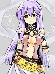  breasts center_opening character_name commentary_request cosplay female fire_emblem fire_emblem:_genealogy_of_the_holy_war fire_emblem_awakening julia_(fire_emblem) long_hair medium_breasts naga_(fire_emblem) naga_(fire_emblem)_(cosplay) parted_lips purple_eyes purple_hair solo twitter_username yukia_(firstaid0) 