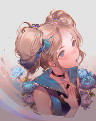  bare_shoulders black_choker blonde_hair blue_eyes blue_flower blue_hair blue_lips blue_shirt blue_theme blush breasts bubbles_(ppg) choker chrysanthemum collarbone commentary_request cropped_torso female flower freckles goutokuji_miyako grey_background hair_bobbles hair_ornament hand_on_own_chest kawacy lipstick looking_up makeup multicolored_hair parted_lips powerpuff_girls powerpuff_girls_z purple_flower rolling_bubbles shirt short_hair sidelocks simple_background sleeveless sleeveless_shirt small_breasts solo streaked_hair twintails two-tone_hair upper_body zipper 