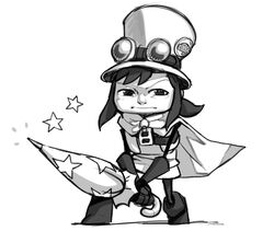  1other a_hat_in_time boots borvar cape closed_umbrella commentary crossover full_body fusion gloves goggles goggles_on_headwear greyscale hat hat_kid highres knee_boots monochrome psychonauts razputin_aquato solo top_hat umbrella zipper 