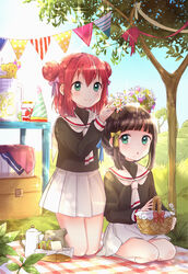  2girls backlighting bad_id bad_pixiv_id bag basket blanket brown_hair cardcaptor_sakura coffee_pot commentary_request cosplay daidouji_tomoyo daidouji_tomoyo_(cosplay) day double_bun flower flower_wreath food fruit full_body grass green_eyes hair_bun hair_ribbon hat head_wreath highres holding holding_basket holding_wreath jar kazepana kero_(cardcaptor_sakura) kero_(cardcaptor_sakura)_(cosplay) kinomoto_sakura kinomoto_sakura_(cosplay) kneehighs kneeling kurosawa_dia kurosawa_ruby lemon lemon_slice long_sleeves love_live! love_live!_sunshine!! miniskirt mole mole_under_mouth multiple_girls ohara_mari outdoors paper_bag party_hat picnic picnic_basket plaid_blanket pleated_skirt red_hair ribbon sandwich school_uniform seiza serafuku siblings sisters sitting skirt sky smile socks sparkle string_of_flags table tomoeda_elementary_school_uniform tree white_skirt 