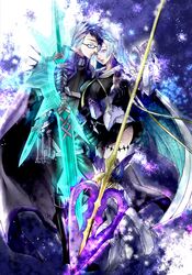  1boy black_hair blue_eyes blue_hair boots breasts brynhildr_(fate) brynhildr_romantia cape commentary_request dress fate/grand_order fate/prototype fate/prototype:_fragments_of_blue_and_silver fate_(series) female gauntlets glasses gram_(fate) grey_hair high_heel_boots high_heels highres large_breasts long_hair multicolored_hair nanashi_(toku_meiko) polearm purple_eyes semi-rimless_eyewear short_dress sigurd_(fate) spear sword thigh_boots thighhighs two-tone_hair under-rim_eyewear very_long_hair weapon 