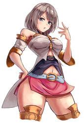  ashelia_b&#039;nargin_dalmasca ass_visible_through_thighs bare_shoulders belt belt_buckle blue_belt blue_eyes blush breasts buckle commentary_request female final_fantasy final_fantasy_xii grey_hair hand_on_own_hip hand_up legs_apart looking_at_viewer medium_breasts midriff miniskirt moppo navel open_mouth pink_skirt short_hair side_slit simple_background skirt solo swept_bangs thighs v-shaped_eyebrows white_background 