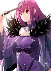  absurdres breasts cleavage commentary_request dress expressionless fate/grand_order fate_(series) feather_trim female fur_trim hair_between_eyes headpiece highres holding holding_wand jewelry large_breasts long_hair looking_at_viewer medb_(fate) pendant purple_dress purple_hair purple_ribbon red_eyes ribbon scathach_(fate) scathach_skadi_(fate) shiime simple_background solo tiara wand white_background wide_sleeves 