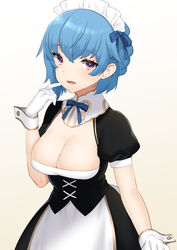  :d akagi_kurage alternate_costume black_dress blue_bow blue_hair blush bow braid breasts brown_background cleavage commentary_request dress eleonora_(sennen_sensou_aigis) enmaided female finger_to_mouth gloves gradient_background hair_between_eyes hand_up highres large_breasts maid maid_headdress open_mouth puffy_short_sleeves puffy_sleeves purple_eyes sennen_sensou_aigis short_hair short_sleeves smile solo white_background white_gloves wrist_cuffs 