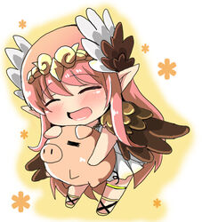  :d animal blush brown_wings chibi circe_(fate) closed_eyes commentary_request dress fate/grand_order fate_(series) feathered_wings female full_body hair_between_eyes head_wings headpiece holding holding_animal long_hair open_mouth oshiruko_(uminekotei) photoshop_(medium) pig pink_hair pleated_dress pointy_ears sidelocks smile solo very_long_hair white_dress white_wings wings 