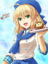  :d ahoge artoria_pendragon_(fate) ascot blonde_hair blue_ascot blue_background blue_headwear commentary_request emiya-san_chi_no_kyou_no_gohan fate/stay_night fate_(series) female green_eyes hair_between_eyes haura_akitoshi holding holding_plate medium_hair official_alternate_costume open_mouth plate ribbon saber_(fate) shirt sleeves_rolled_up smile solo twitter_username white_shirt 