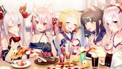  5girls :d ;) ^_^ ahoge animal_ear_fluff animal_ears ariake_(azur_lane) asagi_yuna azur_lane bare_shoulders bell bird black_hair blonde_hair blush breasts cat_ears chick closed_eyes collarbone commentary_request cup eating fangs feeding food hair_between_eyes hair_ornament hair_ribbon hair_rings hairband hatsushimo_(azur_lane) holding holding_cup holding_food japanese_clothes jingle_bell laffey_(azur_lane) long_hair looking_at_viewer manjuu_(azur_lane) margherita_pizza multiple_girls oerba_yun_fang off-shoulder_shirt off_shoulder official_art one_eye_closed open_mouth out_of_frame pink_hair pinky_out pizza pointing rabbit_ears red_eyes ribbon shirt short_hair sitting small_breasts smile twintails two_side_up vampire_(azur_lane) white_hair yellow_eyes yuugure_(azur_lane) 