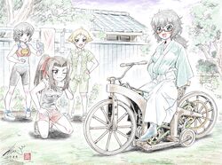  4girls :d alternate_hairstyle artist_logo artist_name bicycle bike_shorts black_footwear black_hair black_kimono black_shirt black_shorts blonde_hair blue_eyes blue_sky boots bottle brown_eyes brown_hair building caesar_(girls_und_panzer) clenched_hand closed_mouth cloud cloudy_sky collared_shirt commentary_request dated day erwin_(girls_und_panzer) fence girls_und_panzer glasses green_shirt green_shorts hair_intakes hair_ribbon hair_up hakama hakama_skirt hand_on_own_hip highres holding holding_bottle japanese_clothes kimono kneeling kubota_shinji laundry_pole long_hair long_skirt long_sleeves looking_at_another looking_at_viewer multiple_girls open_mouth oryou_(girls_und_panzer) outdoors pointy_hair ponytail red-framed_eyewear red_ribbon red_shirt red_shorts ribbon saemonza_(girls_und_panzer) sanada_clan_(emblem) sandals semi-rimless_eyewear shirt shoes short_hair short_ponytail short_sleeves shorts signature sitting skirt sky sleeveless sleeveless_shirt smile smirk spqr_(emblem) standing tank_top traditional_media tree under-rim_eyewear water_bottle white_footwear white_shirt white_skirt wide_sleeves 