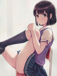  asou_(asabu202) blush brown_eyes brown_hair chair commentary female from_side highres katou_megumi knee_to_chest kneehighs loafers looking_at_viewer photoshop_(medium) saenai_heroine_no_sodatekata school_chair school_uniform shoes short_hair skirt socks solo thighs white_background 