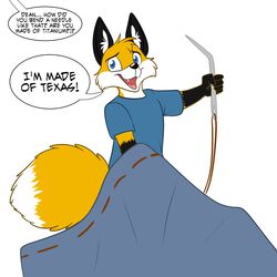  1:1 2019 anthro black_nose blue_eyes canid canine clothed clothing deanfox dialogue dipstick_tail english_text fox foxenawolf fur male mammal markings micro multicolored_tail sewing_needle simple_background solo tail tail_markings text white_background white_tail_tip yellow_body yellow_fur 