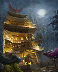  absurdres architecture beak brass_tower_(pokemon) burning cloud cloudy_sky commentary destruction dutch_angle east_asian_architecture ecruteak_city english_commentary entei feathered_wings fire forest full_moon highres ho-oh lightning looking_up mcgmark moon nature night night_sky no_humans pagoda pokemon pokemon_(creature) pokemon_gsc puddle raikou rain signature sky smoke suicune tower tree wings 