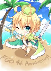  ;) ahoge anniversary artoria_pendragon_(all) artoria_pendragon_(swimsuit_archer) bangs beach blonde_hair blue_sky blush bow braid brown_bow chibi cloak closed_mouth cloud cloudy_sky commentary_request crown day excalibur eyebrows_visible_through_hair fate/grand_order fate_(series) female fur-trimmed_cloak fur_trim green_cloak green_eyes hair_between_eyes high_heels holding holding_sword holding_water_gun holding_weapon horizon mini_crown ocean one-piece_swimsuit one_eye_closed outdoors palm_tree sand sand_writing shikitani_asuka shoes sidelocks sky smile solo standing standing_on_one_leg star swimsuit sword tree water water_gun weapon white_footwear white_swimsuit 