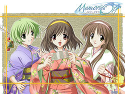  3girls arrow_(projectile) artist_request bad_id bag black_hair brown_hair copyright_name ema fur furisode green_eyes green_hair grin hairband hamaya hand_on_own_hip hizuki_ayaka imasaka_yue japanese_clothes kimono long_hair long_sleeves medium_hair memories_off memories_off_1 multiple_girls new_year obi official_art official_wallpaper omikuji open_mouth otowa_kaoru over_shoulder red_eyes sash short_hair sidelocks smile snake translated triangle_mouth watermark yellow_eyes 