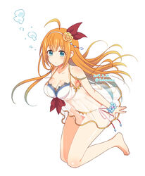  ahoge air_bubble bad_id bad_pixiv_id bare_arms bare_legs bare_shoulders barefoot bead_bracelet beads bikini blue_eyes blush bracelet breasts bubble cleavage closed_mouth collarbone commentary_request dated female floating_hair flower full_body fuusha groin hair_flower hair_ornament halterneck jewelry large_breasts long_hair looking_at_viewer orange_hair pecorine_(princess_connect!) pecorine_(summer)_(princess_connect!) princess_connect! red_ribbon ribbon rose see-through sidelocks simple_background solo swimsuit thighs twitter_username very_long_hair white_background white_bikini yellow_flower yellow_rose 