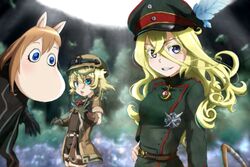  2girls ahoge blonde_hair blue_eyes blurry blurry_background colored_eyelashes commentary_request cosplay costume_switch creature crossover fusion genya_(genya67) grin hairstyle_connection hat highres long_hair look-alike looking_at_viewer lyza_(made_in_abyss) lyza_(made_in_abyss)_(cosplay) made_in_abyss military military_uniform moomin moomintroll multiple_girls short_hair smile standing tanya_degurechaff tanya_degurechaff_(cosplay) uniform very_long_hair viktoriya_ivanovna_serebryakov youjo_senki 