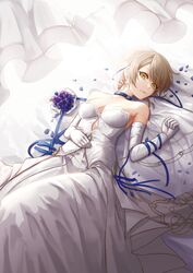  absurdres bad_id bad_pixiv_id bare_shoulders breasts bridal_veil choker collarbone commentary_request curtains dress elbow_gloves feet_out_of_frame female flower from_above girls&#039;_frontline gloves highres kibellin korean_commentary looking_at_viewer lying medium_breasts official_alternate_costume on_back parted_lips petals ribbon short_hair solo strapless strapless_dress swept_bangs vector_(ardent_devotion)_(girls&#039;_frontline) vector_(girls&#039;_frontline) veil wedding_dress white_dress white_gloves yellow_eyes 